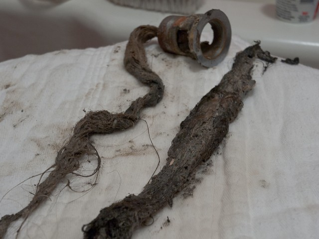 hair from a drain pipe found while repairing leaky faucet